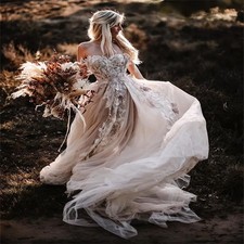 Flower Beach Wedding Dress A Line Boho Backless Bridal Gowns Sweep Train Country