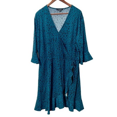 Concepts New York Teal Leopard Print Faux Wrap Dress Plus Size 2X Ruffle Sleeve