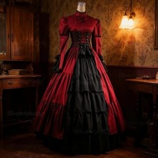 Gothic Victorian Prom Dress Long Sleeves Dark Red And Black Vintage Evening Gown