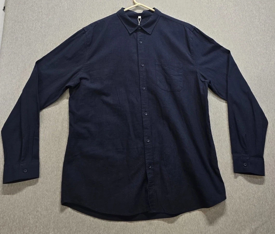 Jekaoyi Shirt Mens XL Navy Blue Cotton Linen Casual Comfort Pleated Button Up