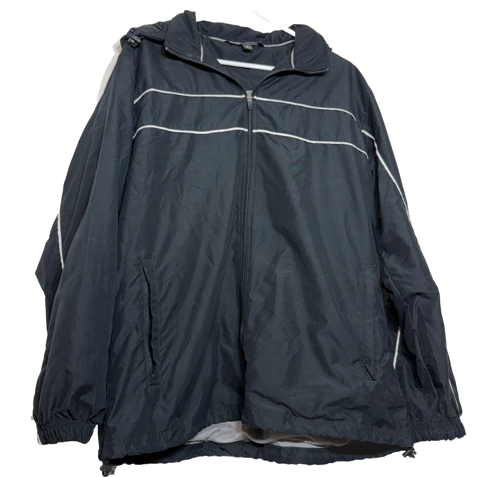 TEK GEAR Men's Full Zip Jacket Black with Hood in Collar White Trim Lined Size M