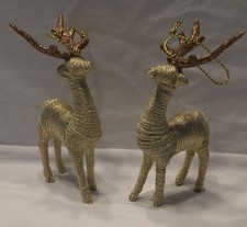 Set of 2 Gold Glitter Reindeer Ornaments w/ Bronze Antlers   Hanging/Standing