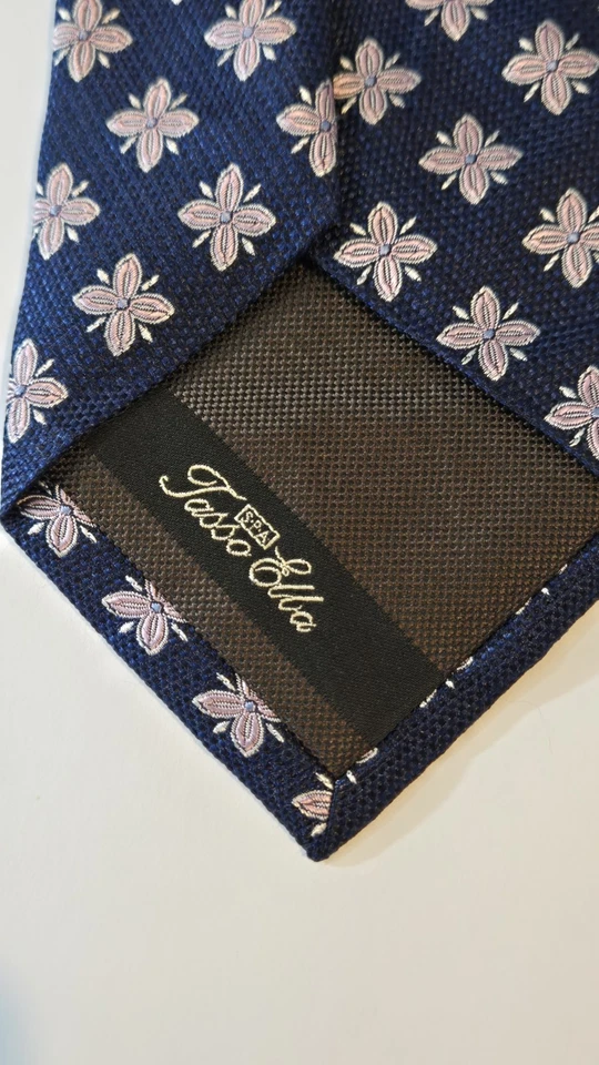 Tasso Elba 领带海军蓝花卉丝绸手工意大利经典领带男式复古 — 第 4/4 张图片
