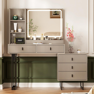 Large Vanity Desk with 3 Color Touch Screen Dimming Mirror, Vanity Desk with Cha