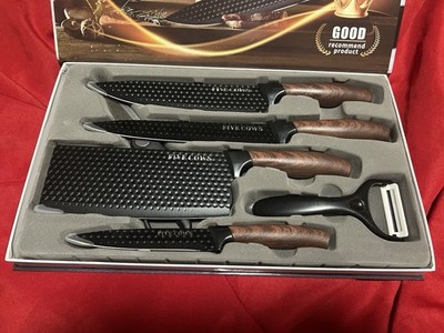 FIVE COWS 6-pc Kitchen Knife Set w/ Scissors & Peeler, Wood-Grain Anti-Slip Grip
