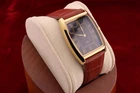 Vintage Men Seiko quartz Barrel-Tank Black Dial Light Brown leather Dress Watch