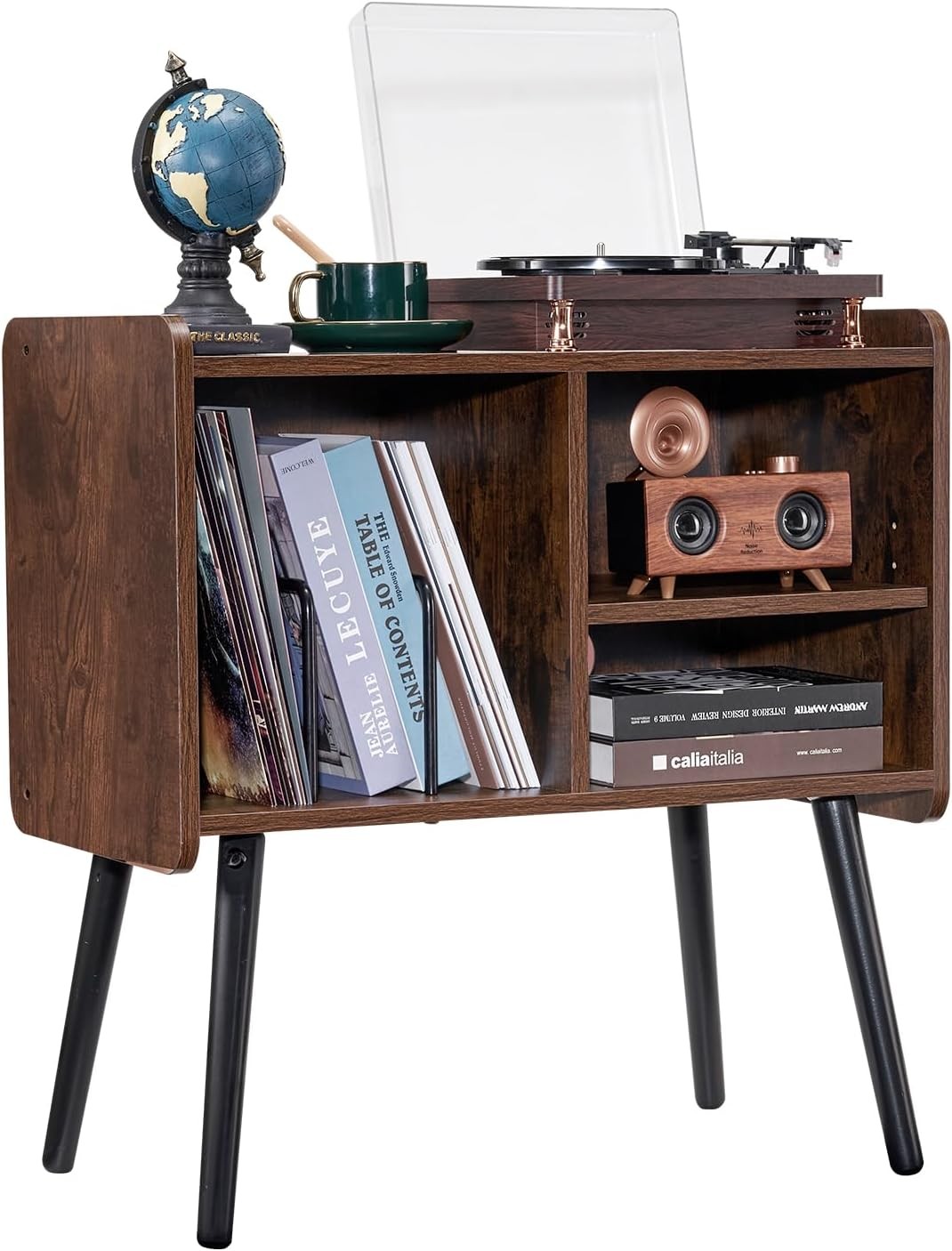 Vintage Record Player Stand with 100-Album Storage for Turntables