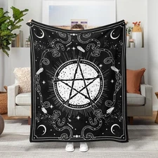 Black and White Pentagram Fleece Throw Blanket 40x50 inch Gothic Witchy