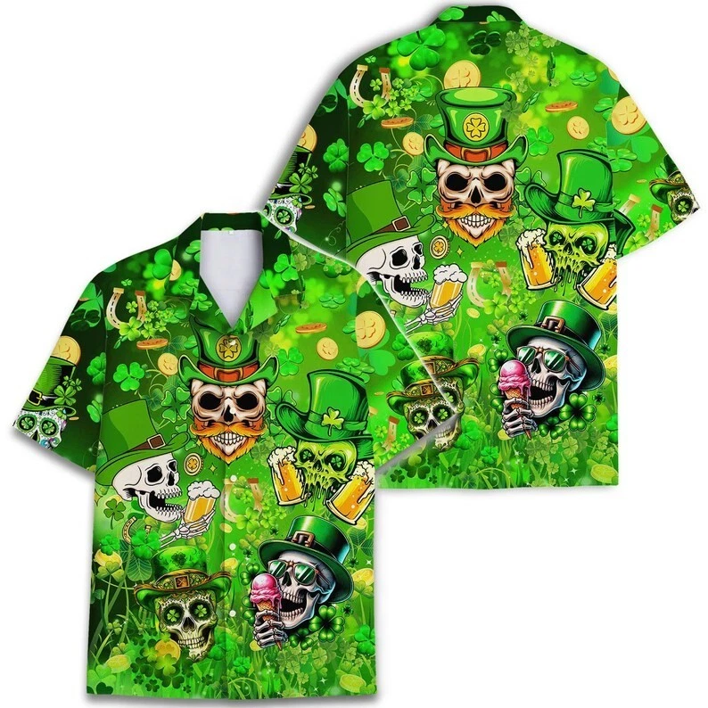 Cool Skull St. Patrick's Day Hawaiian Shirt Lucky Irish Shamrock Men