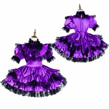 Purple French Maid Sissy girl Lockable Satin Dress cosplay costume