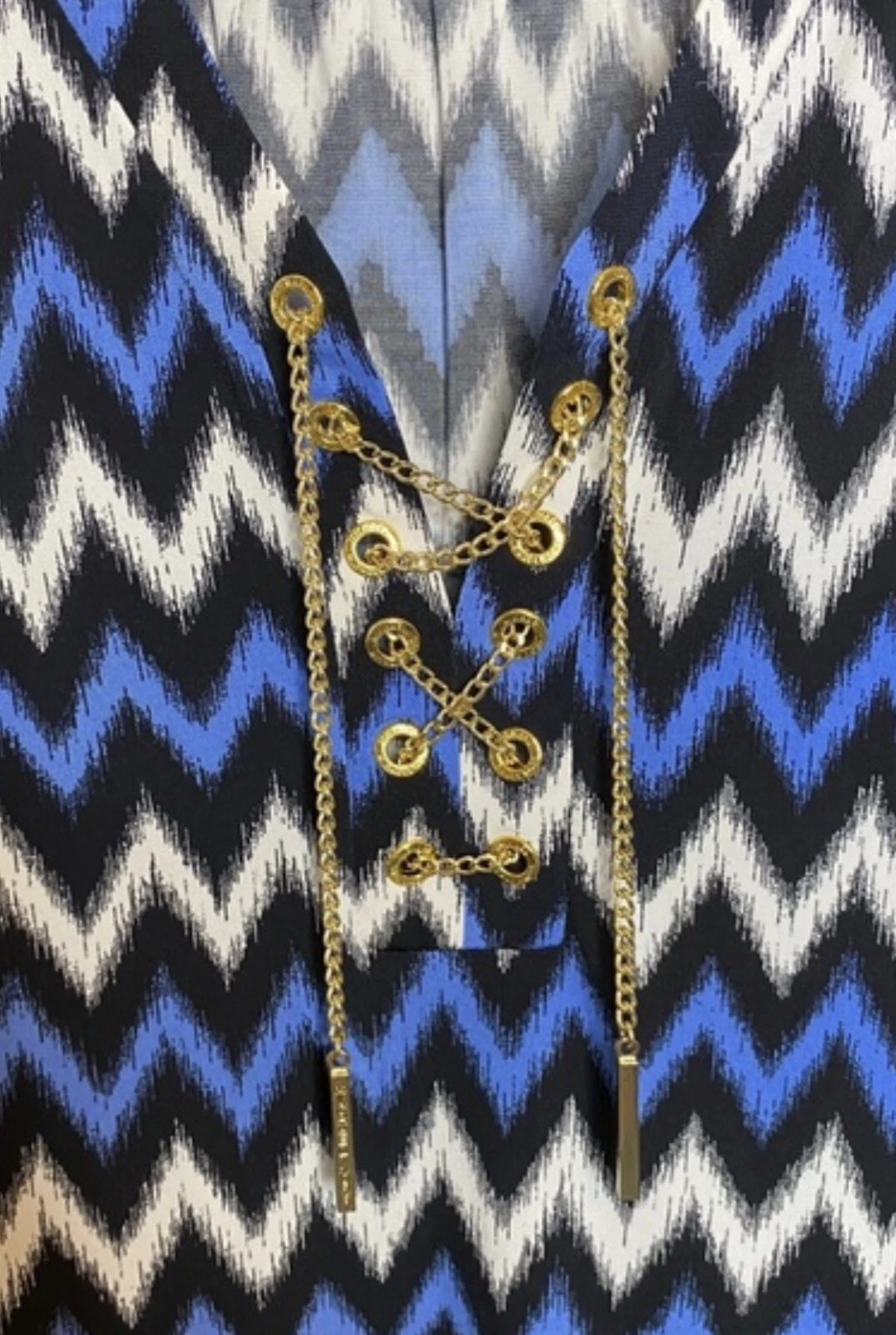 Abito tunica midi Michael Kors blu chevron catena oro stringato nuovo con etichette taglia M $120