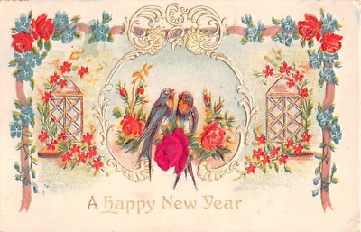 Swallows by Birdcages, Forget-Me-Nots, & Roses-1 Silk Rose-1922 New Year PC