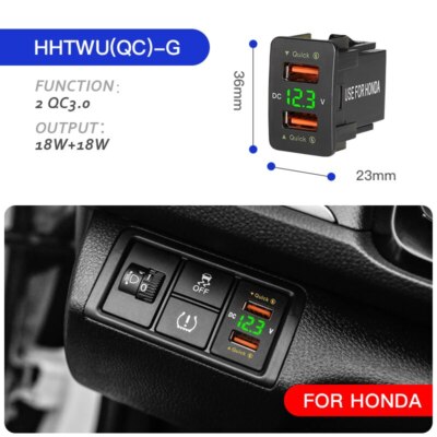 New 12V Dual USB QC3.0 Fast Car Charger Socket Adapter LED Voltmeter For Honda