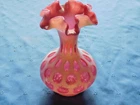 Fenton Cranberry & White Coin Dot vase ruffled rim approx. 8" tall