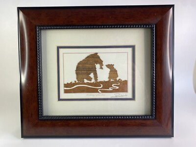 Original geschnitztes Holzbild Angeln Grizzlies Wild Alaska Künstler signiert Unikat
