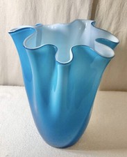 Turquoise Cased Murano Italy Glass Vase W/White Sommerso Interior Circa 1960 15  