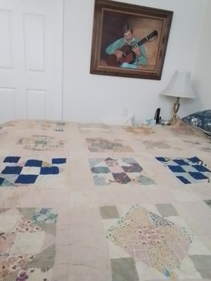 Hand Sewn ORIGINAL HANDMADE Cream Peach Patchwork QUILT 71'' X 77'' Cottage FARM