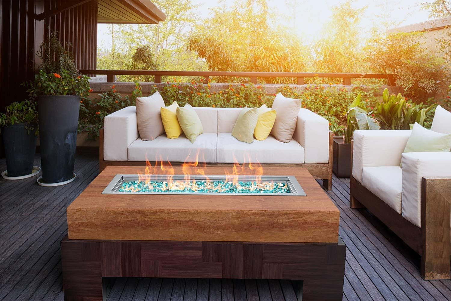 Skyflame Rectangular Stainless Steel Drop-In Fire Pit Pan and Burner with Burner