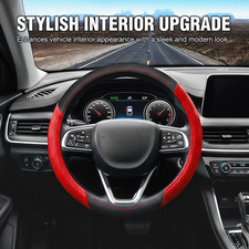 Genuine Leather Car Steering Wheel Cover Anti-slip Fit 15"/38 cm Dia Black&Red