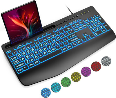 K21 Pro Large Print Backlit Keyboard, Wired USB Computer Keyboards with 7-Colors
