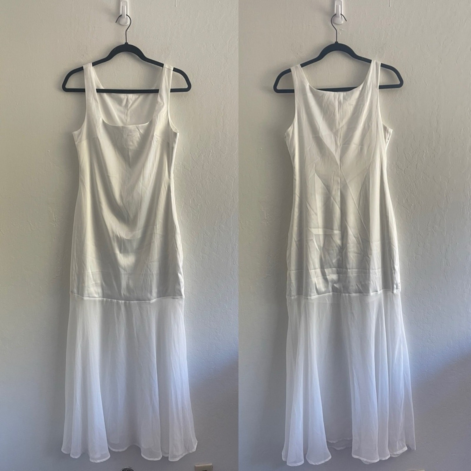 NWT Commense White Satin Chiffon Drop Waist Square Neck Maxi Dress Womens Medium