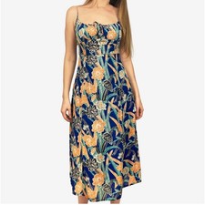 Urban Outfitters Kamaryn Floral Tie Front Smocked Midi Dress Blue Orange Small