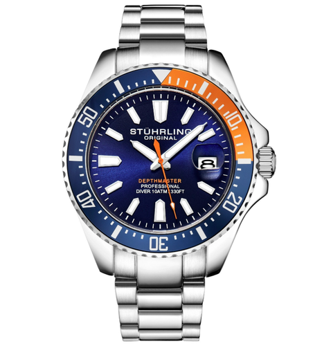 Stuhrling 3950A Men's Depthmaster Quartz 42mm Wrist Watch -Blue & Orange Bezel