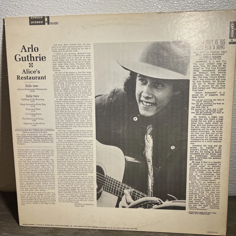 ARLO GUTHRIE Alice's Restaurant LP Reprise Records vinyl NM - Image 2 of 4