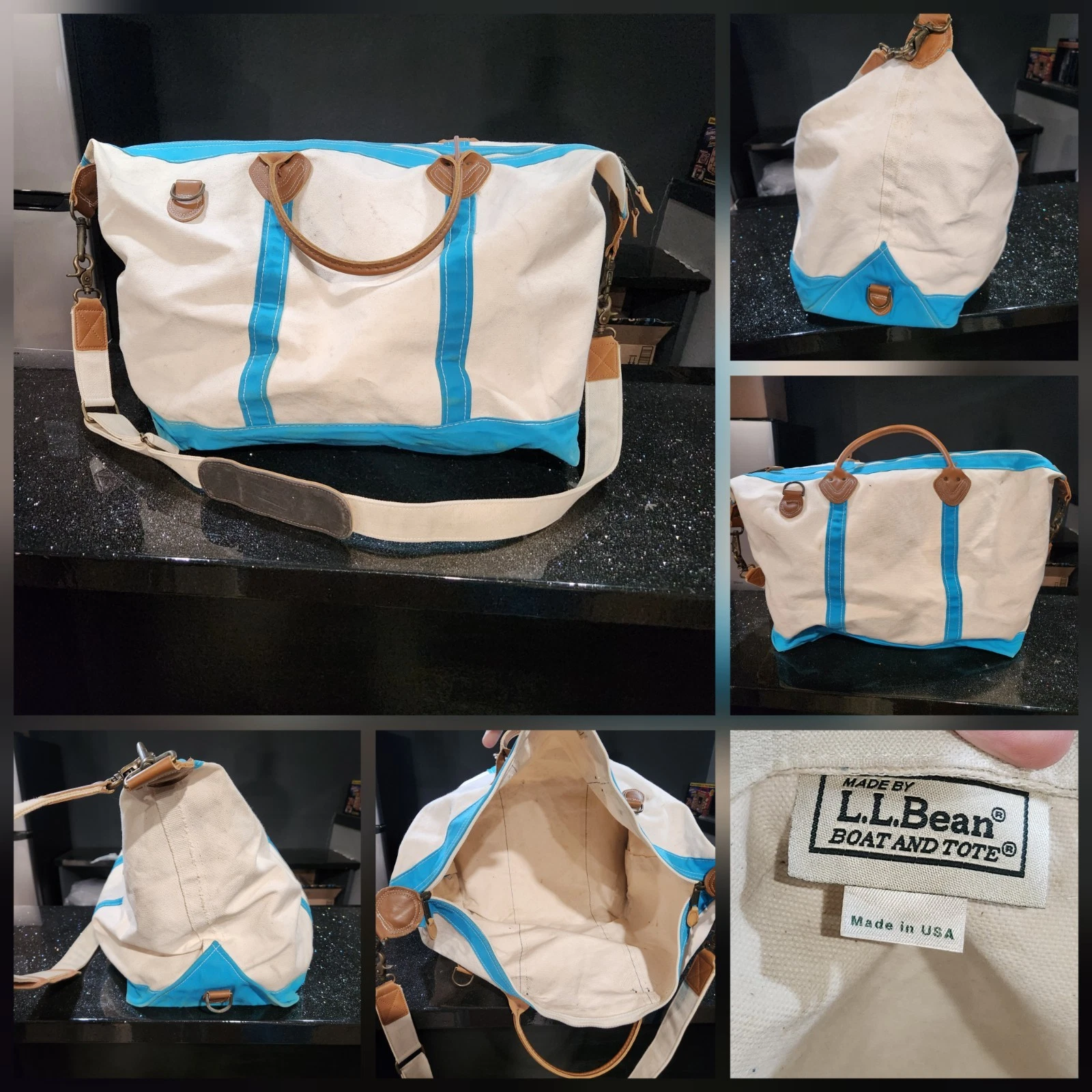 VTG LL Bean Boat & Tote Leather Handles Canvas Weekender Duffle Zip Strap Bag XL