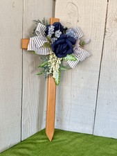 Hand-Painted Pine Cemetery Cross: Navy Blue Roses Grave Decoration