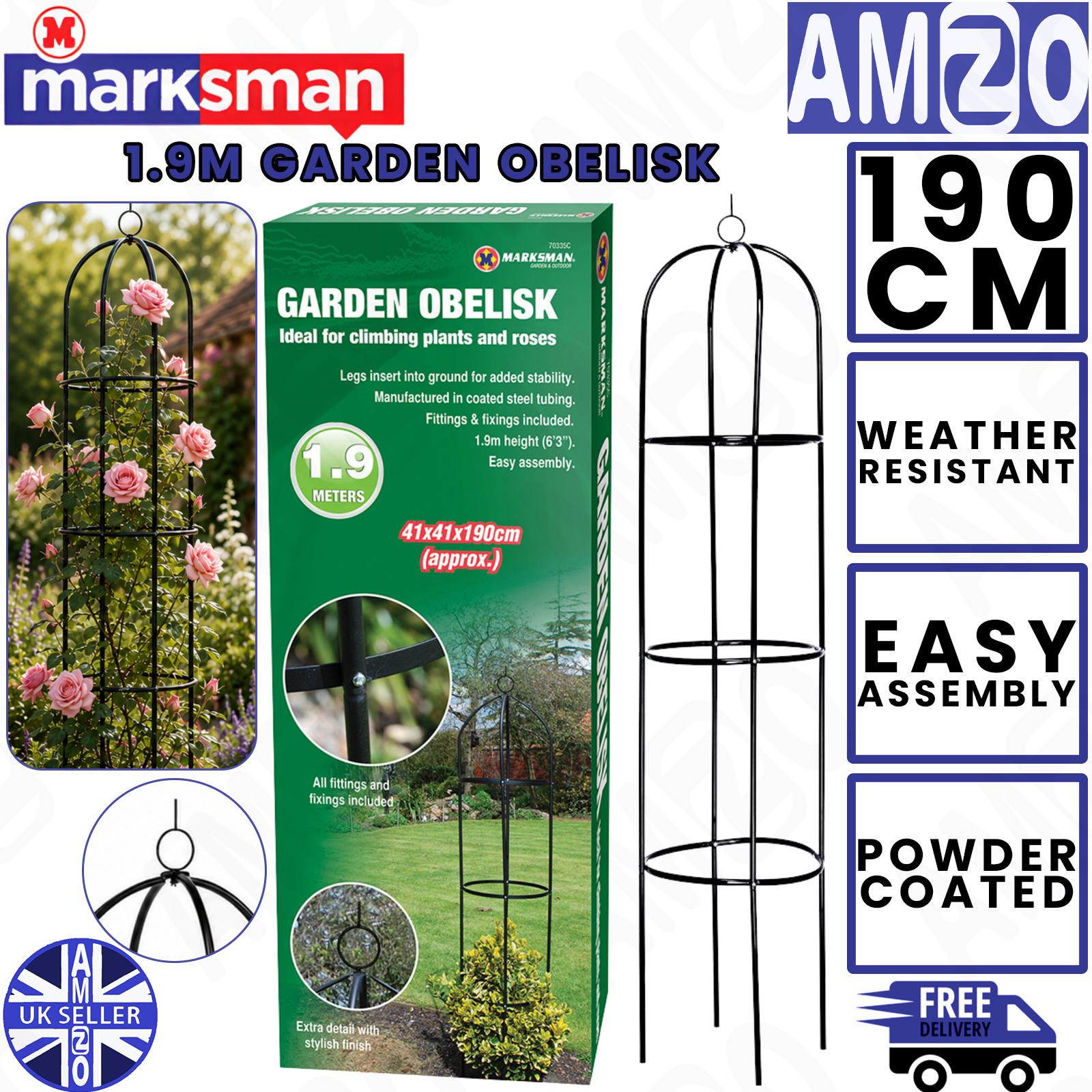 Marksman 1.9M Garden Obelisk Plant Support Climbing Rose Trellis Frame