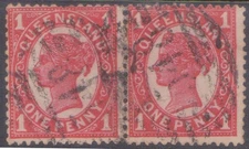 (F356-65) 1899 QLD 1d red pair QVIC PO cancel no. 548 Mackay (BO)