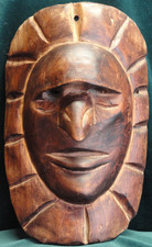 Vintage Hand Carved Wood Mask Maya Chief or Leader Crowned by The Sun