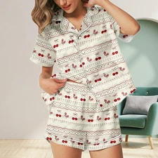 Cherry Short Satin Pajamas, Fruit Print Cherry Pajamas Set Women