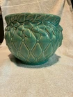 Mid Century McCoy Pottery Quilted Leaf & Berries Jardiniere 9"x8" Seafoam