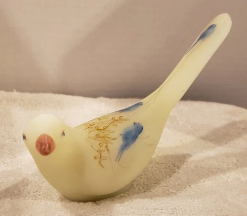 Vintage Fenton Bird of Happiness Blue Birds Glass Hand Painted Signed C Flaherty