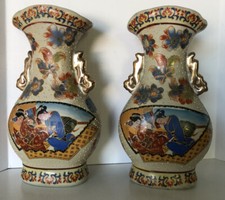 Vtg Mundi China Chinese Hand Painted Geisha Scene  Vases w hair Dots 24 K Gold d