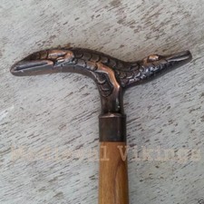 Antique Brass Alligator or Crocodile Head Handle Walking Stick- Halloween Canes.
