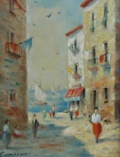 Vintage Oil on Canvas Impressionist European Coastal Street Scene Signed Cameron