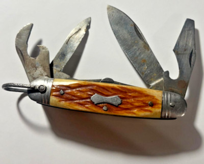 5 Blade Scout Camp Knife Brown Handle Pocket Knife