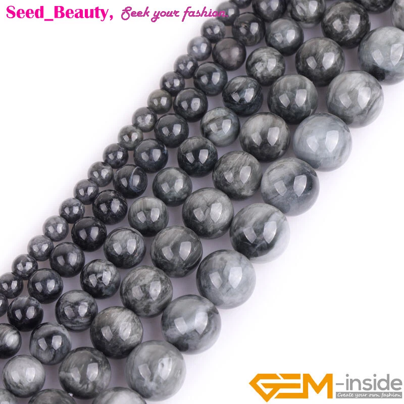 Wholesale Natural Gray Hawk Eye Gemstone Beads Jewelry Making Strand 15'' Round - Image 2 of 4