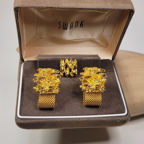 SWANK - Vtg MCM Gold Nugget Bonsai Mesh Wrap Cuff Links & Tie Pin Gift Set! NOS - Picture 14 of 14