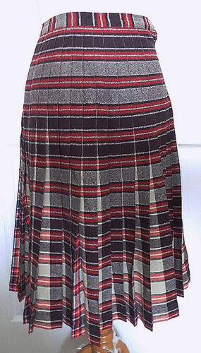 Vintage Plaid Wool Pleated Skirt Red Burgundy Gray