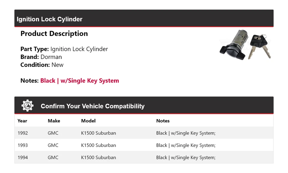 Cilindro de trava de ignição Suburban Dorman 1993 para 1992-1994 GMC K1500 - Imagem 2 de 4
