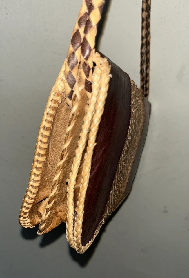 Cartera de Colección Años 80 100% Cuero Bolso sin asas Plegable Solapa Marrón Tostado Acento Piel de Serpiente Foto 4 de 4