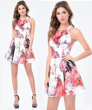 $139 New bebe red Multi Color Floral Print Fit Flare top dress Party M medium