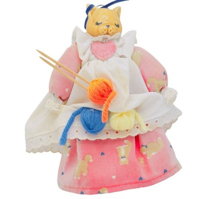 Porcelain Cat Head Doll Pink Dress Knitting Theme Vintage 7 Inches Tall
