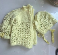 Hand Crocheted Baby Girl Sweater Bonnet Set Yellow Lace Cardigan Handmade