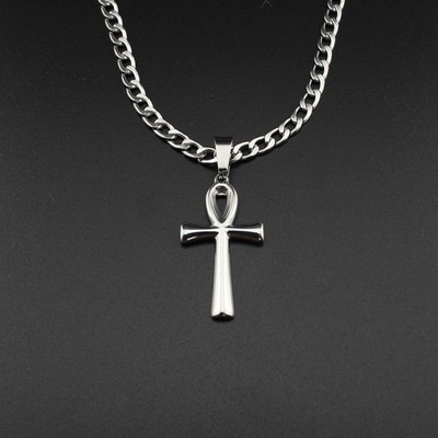 Stainless Steel Ankh Cross Necklace Men's Cuban Link Chain 20 22 24 Inch Silver