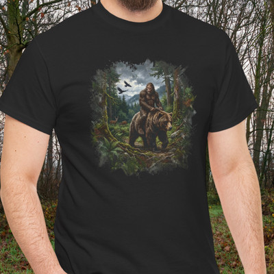 Epic Bigfoot Riding Bear Shirt | Sasquatch Forest Adventure Graphic T-Shirt 